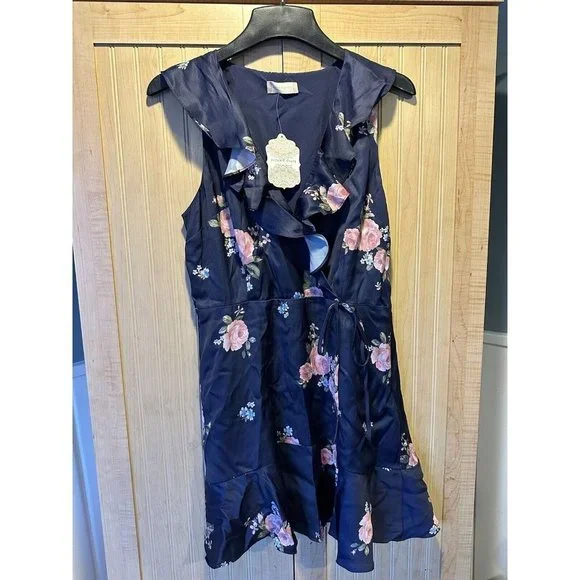 Anthropologie Altar’d State Women Navy Austen Floral Satin Dress Size Large NWT - Picture 4 of 7